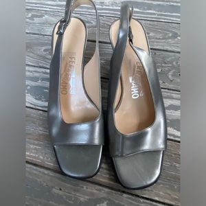 Salvatore Ferragamo strap back heels in pewter.  Size 7